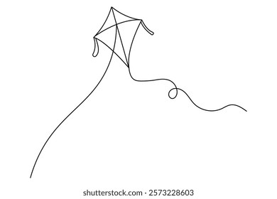 Continuous one line kite drawing with black and white vector icon