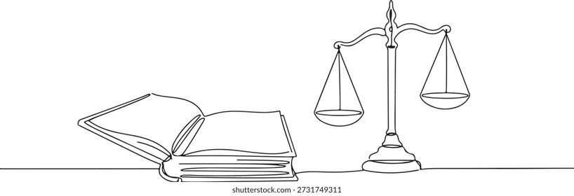Continua una línea de un libro de leyes abierto con balanzas equilibradas, ley y arte judicial, dibujado Ilustración vectorial.