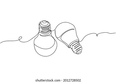 Continuous one line of led new technology light bulbs in silhouette on a white background. Linear stylized.Minimalist.
