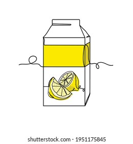 Continuous one line of lemon juice box packing in silhouette. Minimal style. Perfect for cards, party invitations, posters, stickers, clothing. Black abstract icon. Drink concept