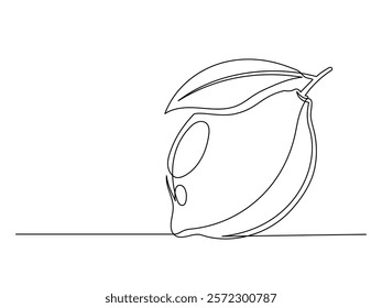 Continuous one line lemon with leaf isolated on white background. Simple citrus silhouette. Hand drawn lemon outline. Vector illustration