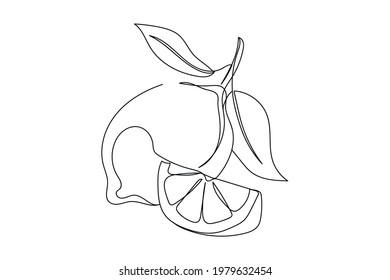 Continuous one line of lemon and slice lemon in silhouette. Linear stylized. Minimalist. Citrus concept