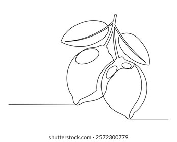 Continuous one line lemons with leaf isolated on white background. Simple citrus silhouette. Hand drawn lemon outline. Vector illustration