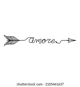 Continuous One Line lettering amore (love in Italian) in the form of an arrow. Vector illustration for poster, card, banner valentine day, wedding, print on shirt.
