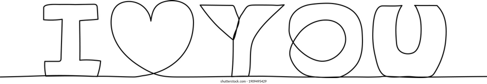 Continuous one line lettering text, I love you. Minimalism design. Vector illustration.