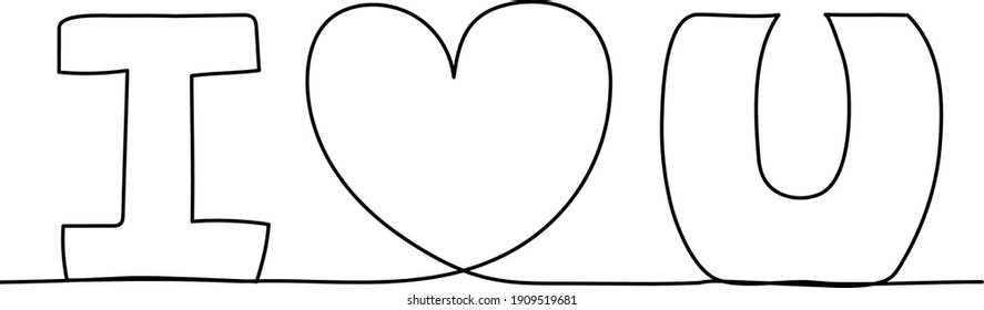 Continuous one line lettering text, I love u. Minimalism design. Vector illustration.