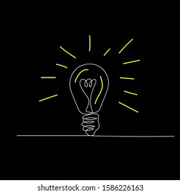 Continuous one line light bulb on black background. Vector stock illustration.