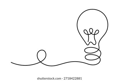 Desenho contínuo de lâmpada de uma linha com fio fluindo, ideia criativa e conceito de inspiração, ilustração linear mínima simbolizando inovação, pensamento, energia, visão de inicialização