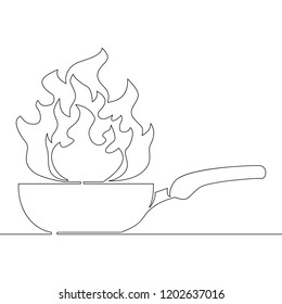 Continuous one line logo isolated vector object frying pan with fire vector illustration concept