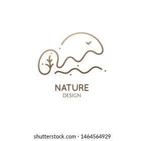Continuous one line logo nature template. Mountain landscape with tree, sun. Vector nature illustration. Minimalistic linear icon for travel, ecology concept, holistic, spa, massage and yoga Center