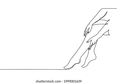 Continua línea de largas y bonitas piernas femeninas con las manos sobre un fondo blanco. Linear estilizado.Minimalista.