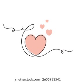 Continuous one line love heart shape art decoration isolated flat design vector illustration on white background.
