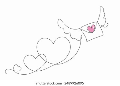 Continuous one line of Love letter with wings and pink heart cartoon doodle vector illustration hand drawn isolated on white background