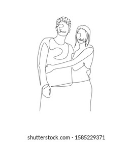 Continuous one line loving couple stands embracing. Vector stock illustration.