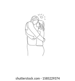 Continuous one line loving couple hugs and looks into each other's eyes. Romantic atmosphere, love day. Vector stock illustration.