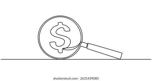 Kontinuierliche einzeilige Lupe und Dollar-Konzept, Einzeilige Zeichnung Lupe für das Zoomen Dollar-Symbol. Finanztechnologiekonzept Grafische Vektorgrafik mit fortlaufender Linienzeichnung