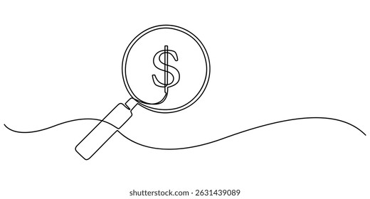 Kontinuierliche einzeilige Lupe und Dollar-Konzept, Einzeilige Zeichnung Lupe für das Zoomen Dollar-Symbol. Finanztechnologiekonzept Grafische Vektorgrafik mit fortlaufender Linienzeichnung