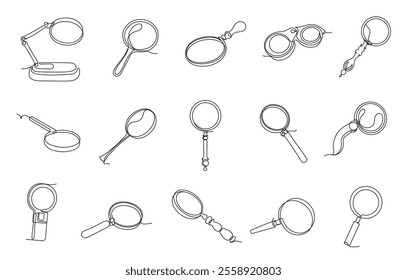 Continuous one line magnifying glasses. Minimalist linear magnifiers, antique magnifying lens search icon, hand drawn monocle and explorer glass vector set.