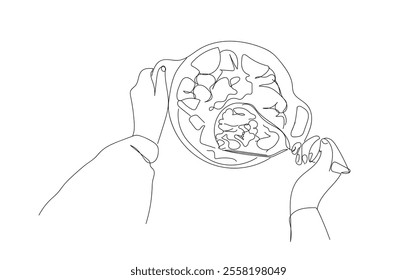 Continuous one line of making mashed potatoes masher and bowl of potatoes in silhouette. Linear stylized.  Mashed food. Hand made vector not AI 