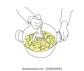 Continuous one line of making mashed potatoes masher and bowl of potatoes in silhouette. Mashed food. Linear stylized.   Hand made vector not AI 