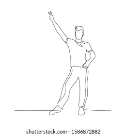 Continuous one line male dancer shows a peace sign. Vector stock illustration.