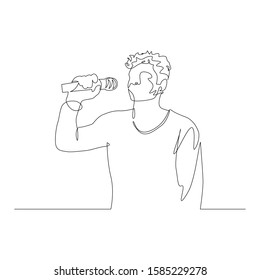 Continuous one line male singer with a microphone in hand sing. Vector stock illustration.