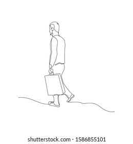 Continuous one line man after shopping with a package. Vector illustration.