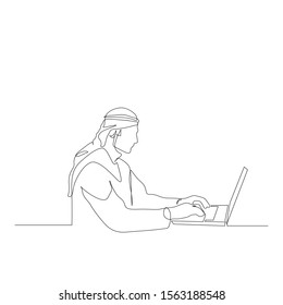 Continuous one line man in arabian clothes works at a laptop. Education concept. Vector illustration.