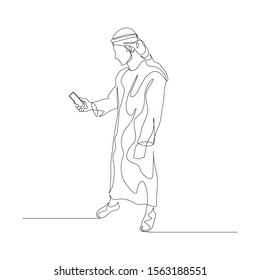 Continuous one line man in arabic clothes use smartphone. Vector illustration.