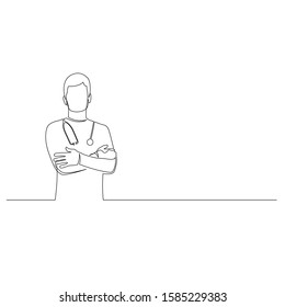 Continuous one line man doctor with phonendoscope stand with arms crossed. Vector stock illustration.