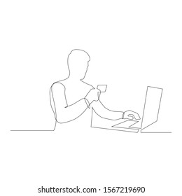 Continuous one line man enters credit card details using laptop. Vector stock illustration.