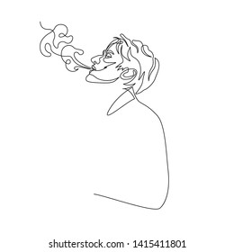 Continuous One Line Man Exhale Smoke Of Cigarette. Art