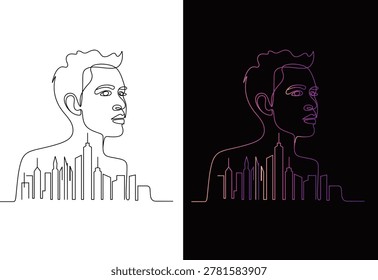 Continuous one line of a man face merged with city skyline