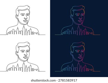 Continuous one line of a man face merged with a city skyline