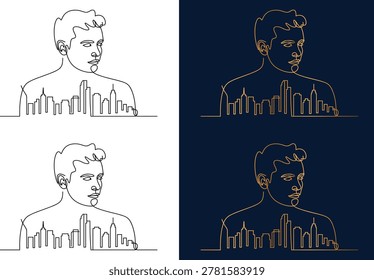 Continuous one line of a man face merged with a city skyline