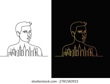 Continuous one line of a man face merged with city skyline