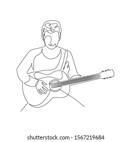 Continuous one line man with a guitar sitting. Vector stock illustration.