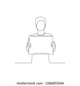 Continuous one line man holding a tablet copyspace. Vector stock illustration.