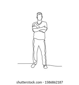Continuous one line man keeping arms crossed. Stock vector illustration.