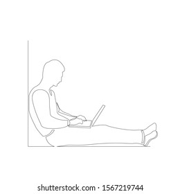 Continuous one line man with laptop sitting on the floor leaning against a wall. Vector stock illustration.