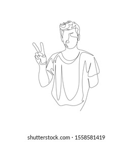 Continuous one line man make a victory sign with hand. Vector illustration.