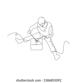 Continuous one line man on the floor opens a gift box. Christmas and New Year theme. Vector stock illustration.