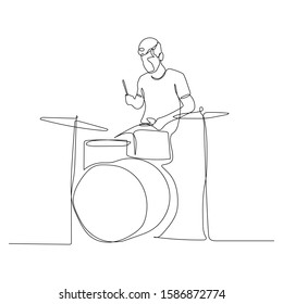 Continuous one line man playing drums. Vector stock illustration.