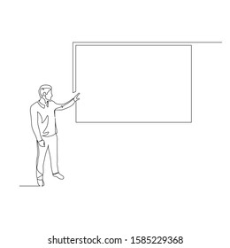 Continuous one line man points to the screen copyspace tells the presentation. Vector stock illustration.