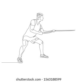 Kontinuierliche ein Linie Mann zieht ein Seil. Kriegstreiber. Vektorgrafik.