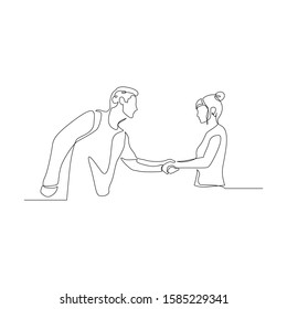 Continuous one line man shake hands with a woman. Vector stock illustration.