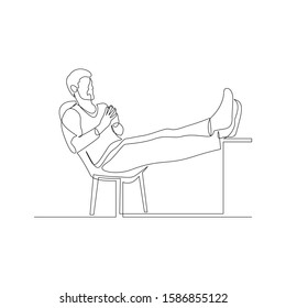 Continuous one line man sits on an armchair raising her legs on the table, plotting something. Conspiracy Planning. Vector stock illustration.
