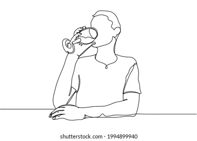 Continuous one line of man sitting and drinking wine in silhouette on a white background. Linear stylized.Minimalist. Restaurant concept