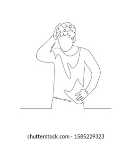 Continuous one line man squeezes head hair with hand. Stress and Depression. Vector stock illustration.