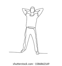 Continuous one line man stand and his hands behind his head  Stock vector illustration 